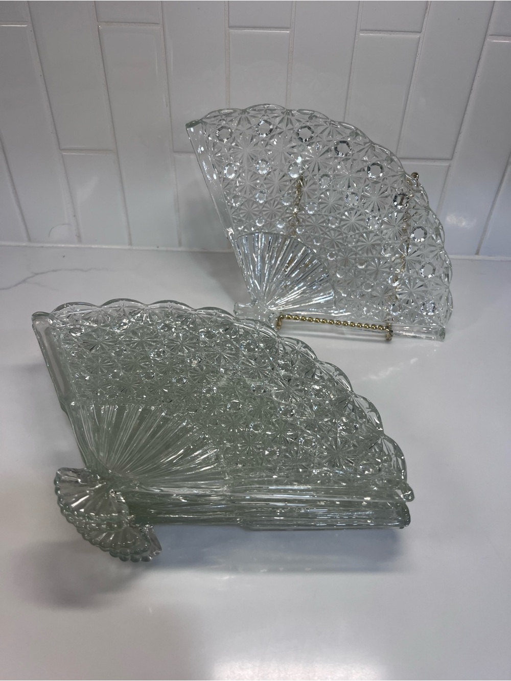 Vintage Wright Daisy and Button Clear Glass Fan Shaped Plate Tray 10.5” Set Of 6